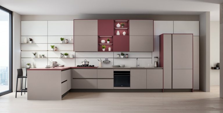 Veneta Cucine: LIKE J Laccato Opaco Marrone Soft , Laccato Opaco Rosso Soft, Fenix Bianco Kos