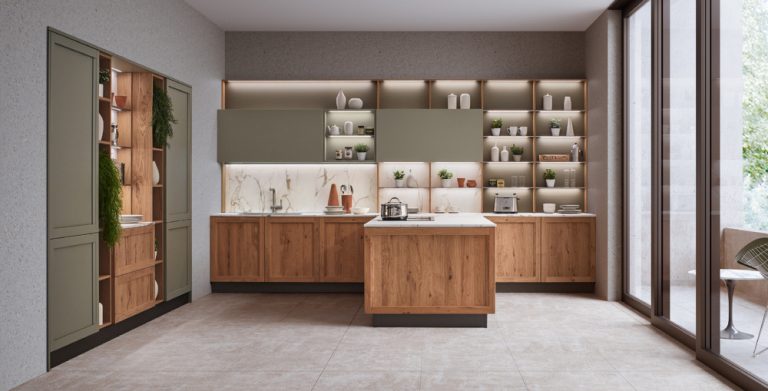 Veneta Cucine: Milano Rovere Nodoso Chiaro 799 ,Verde Lanza Laccato Opaco 863