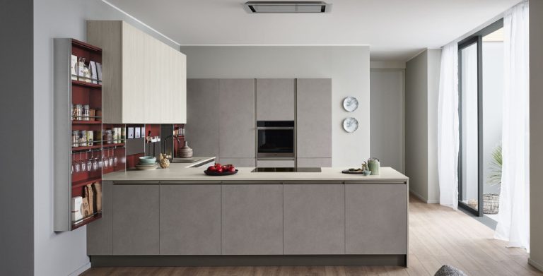 Veneta Cucine: Start Time Presa Colorboard Graffiato Scuro 584, Stepsystem laccato opaco Rosso ossido RAL 3009