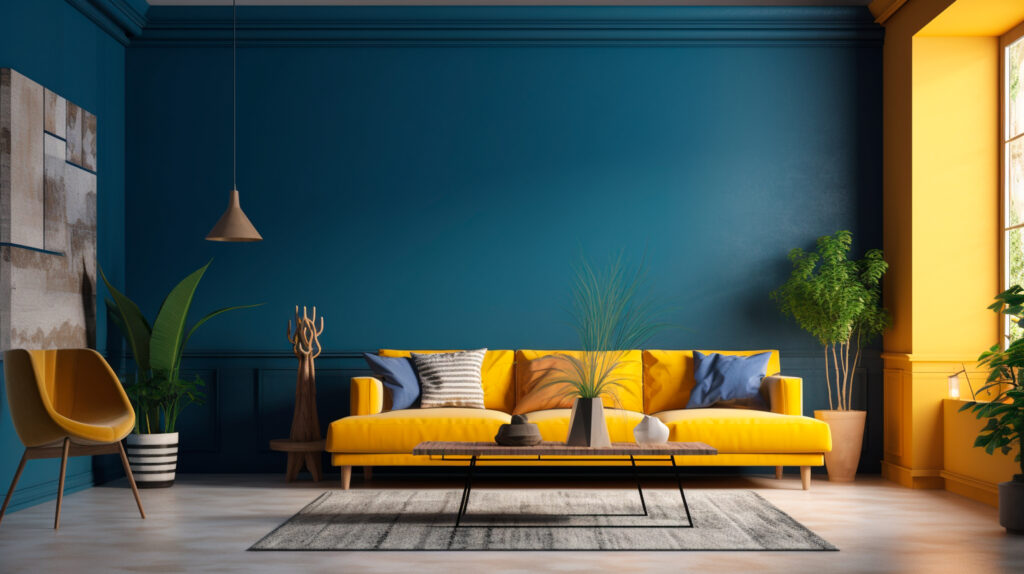 ultime tendenze interior design, pareti blu cobalto e mobili giallo senape 